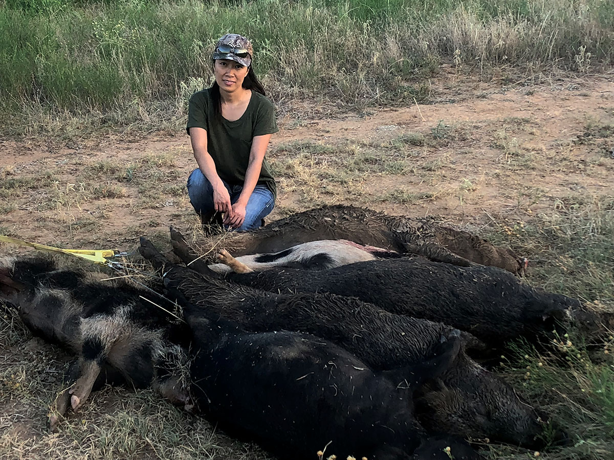Tuyen, one of Aaron’s protégés, is not always taken seriously by macho hunters. This night’s work, totaling seven hogs, easily qualifies her for a job as a professional hog hunter on any ranch infested with hogs.